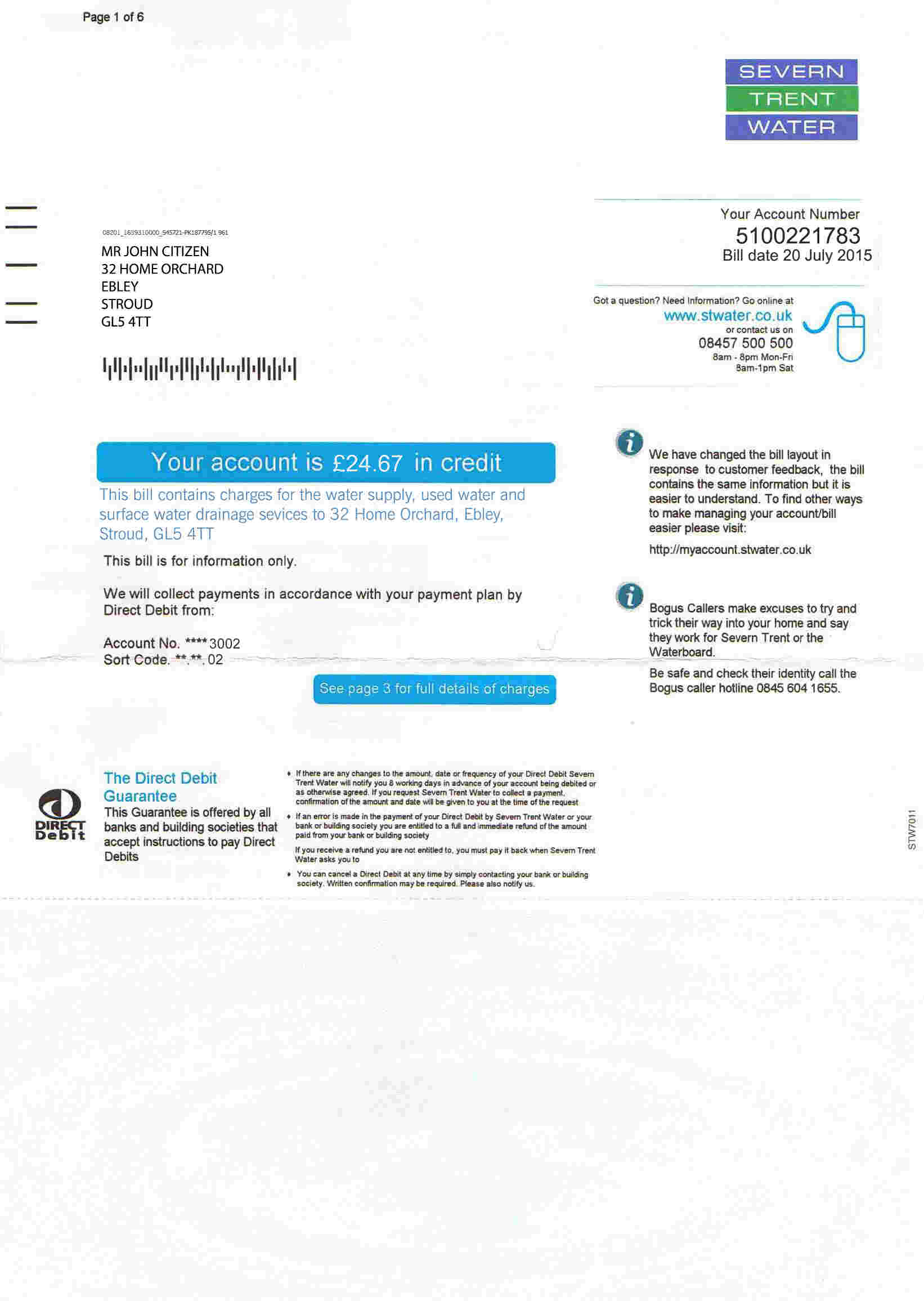 United Kingdom Severn Trent Water utility bill template, fully editable in PSD format